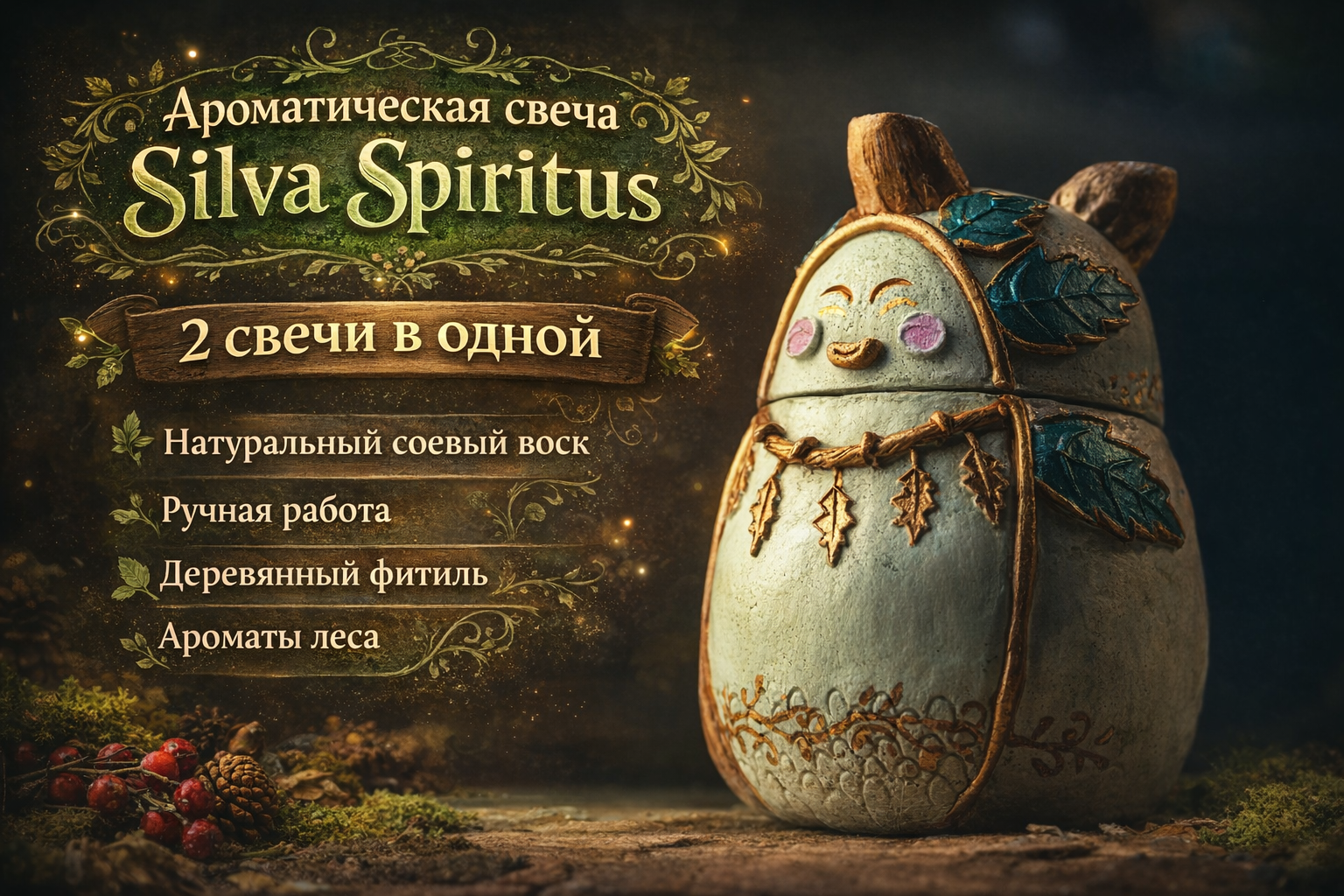 Ароматическая Свеча Silva Spiritus с уникальной конструкцией: основное тело и съёмная «голова», создающая эффект двух свечей в одной. Воск залит как в нижнюю часть, так и в верхний элемент, благодаря чему композиция раскрывается постепенно и многослойно.В «голове» — более насыщенный, сладкий и выразительный аромат с нотами спелых лесных ягод.В теле свечи — мягкий, более спокойный, терпкий аромат с землистыми оттенками мха и лесной свежести.