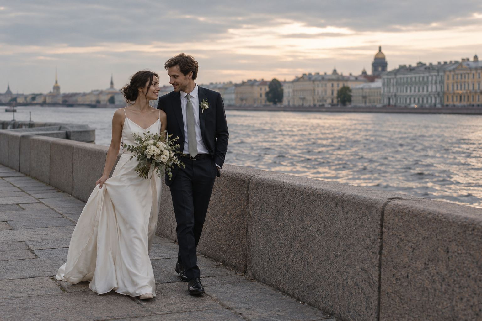 Newlyweds walking beside a St Petersburg embankment during their wedding photo session