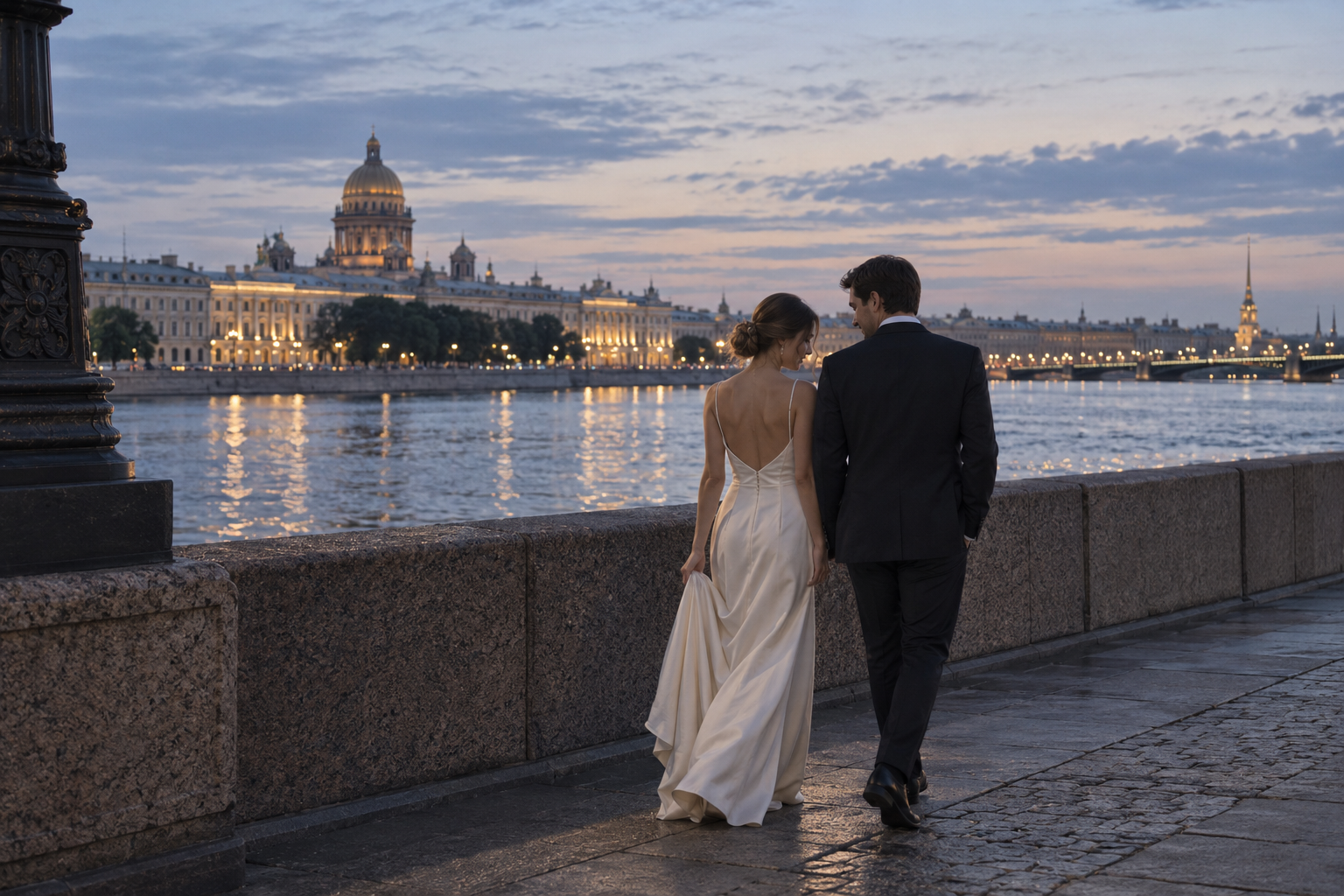 Newlyweds walking beside the Neva during the white nights in St Petersburg — conceptual illustration.
