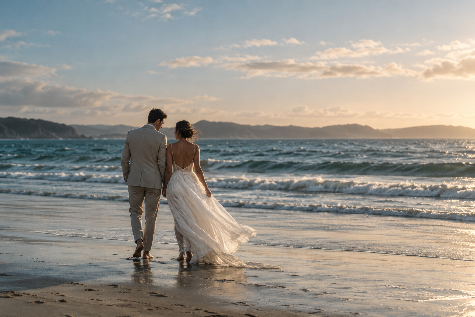 Couple walking along a beach at sunset — illustrative image for Auckland beach wedding photography planning