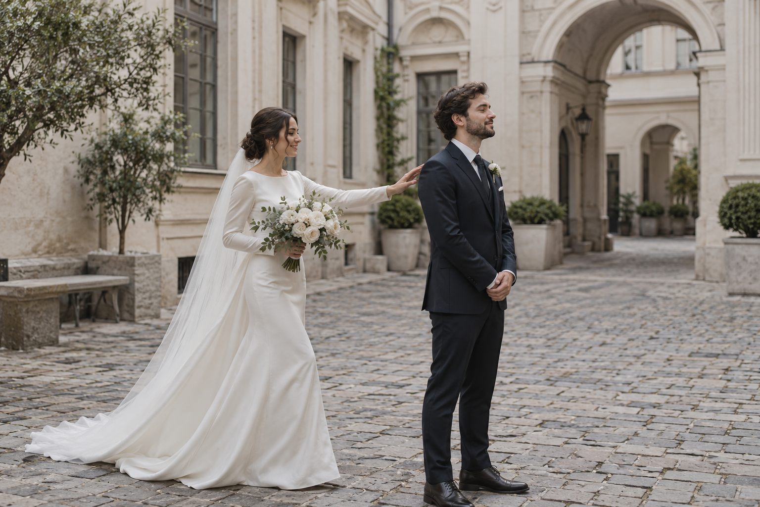 Bride and groom meeting before their Moscow wedding ceremony