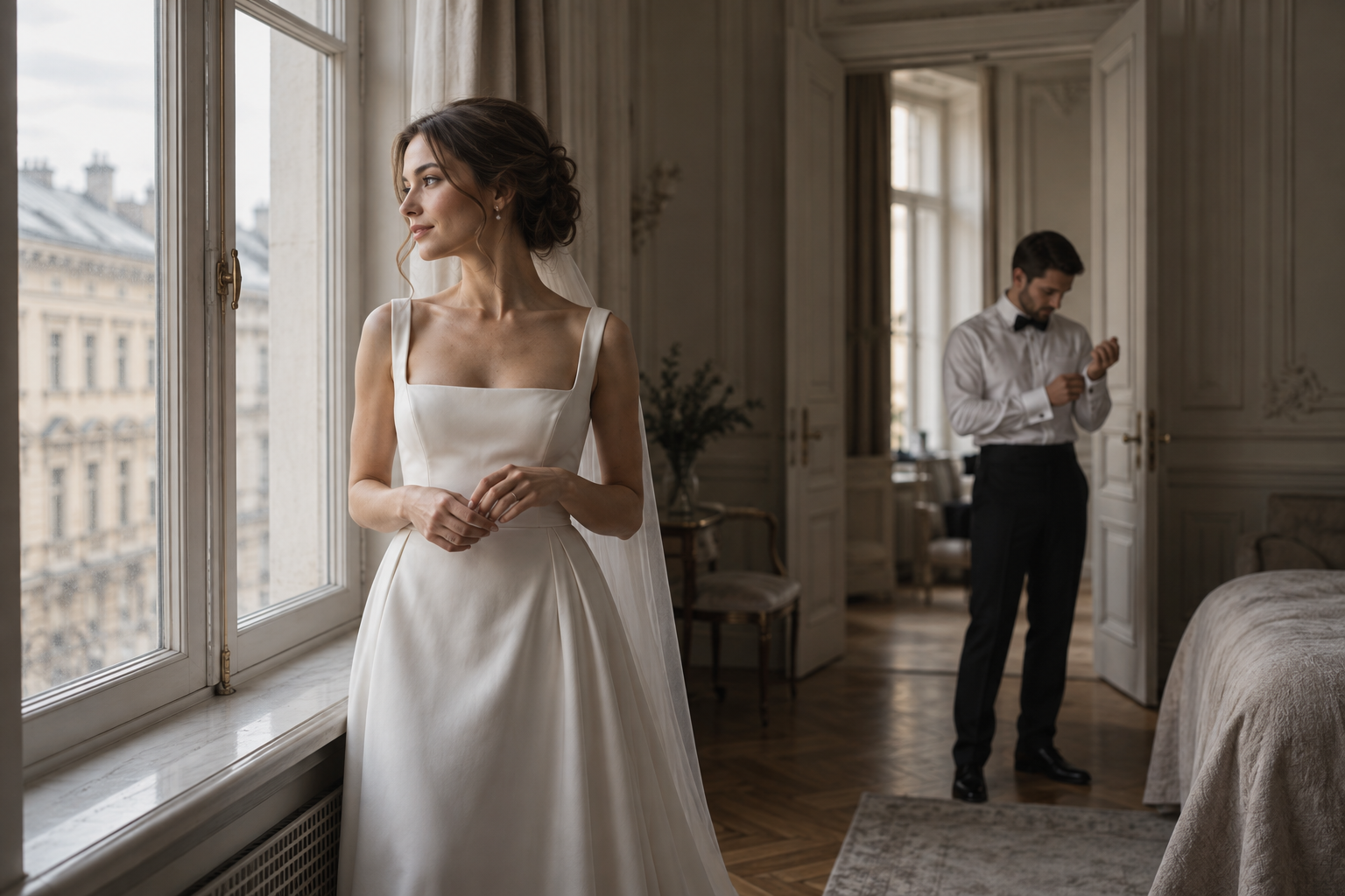 Bride by a window during wedding preparations in Saint Petersburg — illustrative image for a wedding morning guide