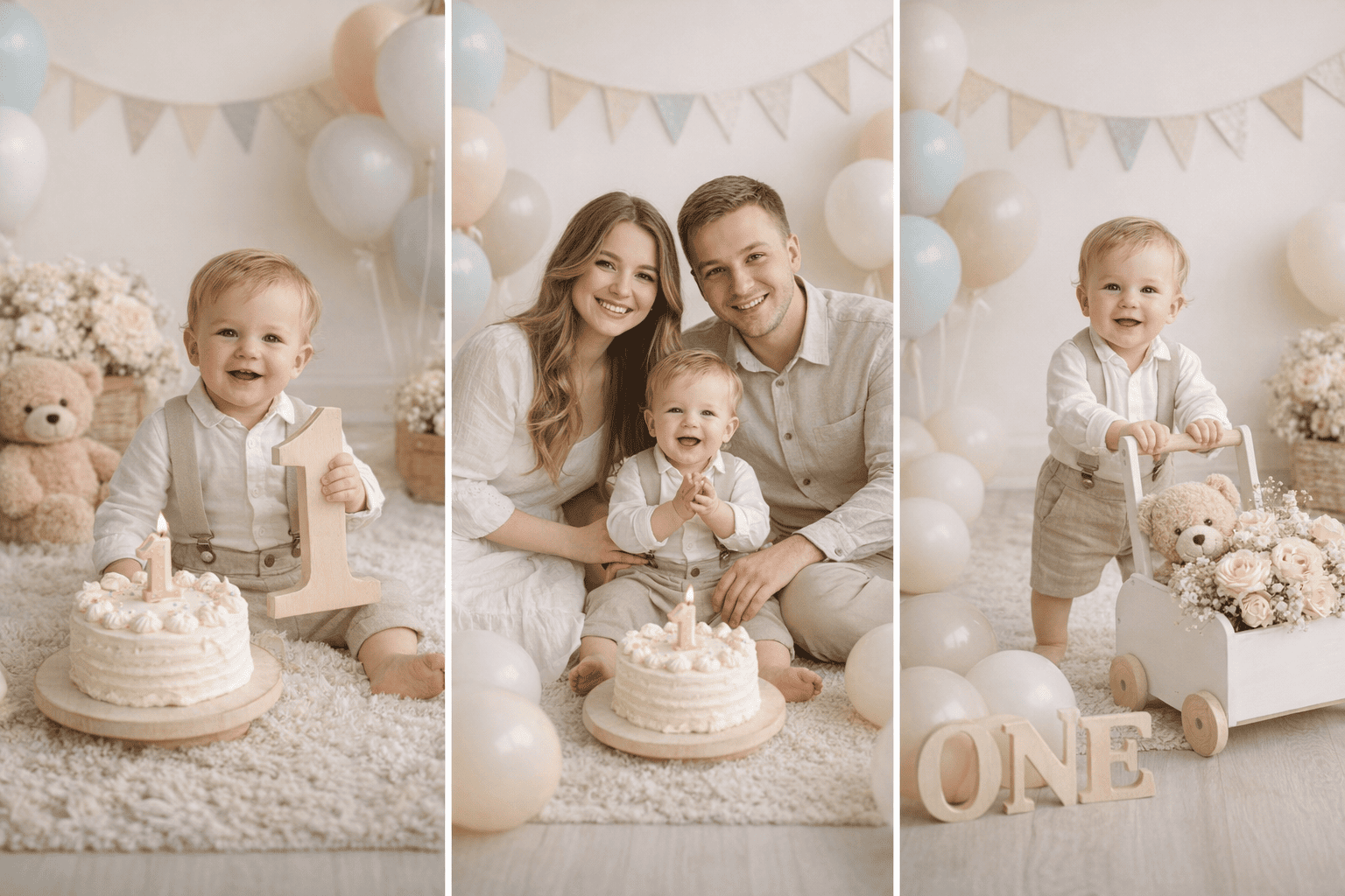 Семейная фотосессия на 1 годик в студии — мама, папа и малыш с тортом, светлые бежевые оттенки, фотограф Карасёва Елена