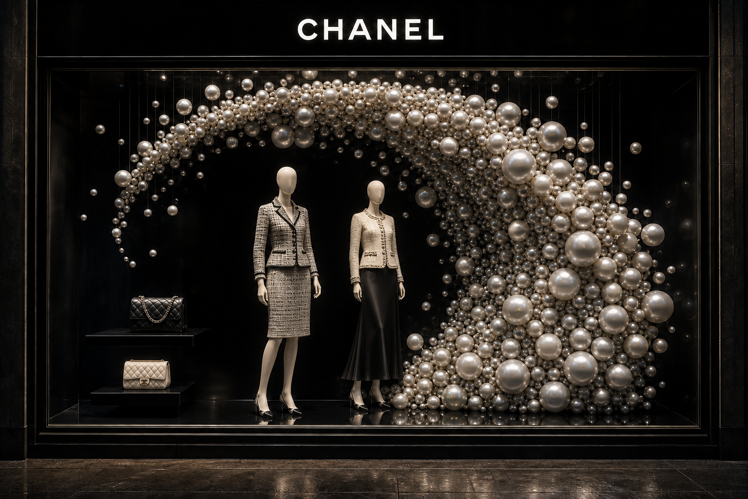 CHANEL — Жемчужная гравитация. Независимая концепция витрины MARUK, AI-визуализация.