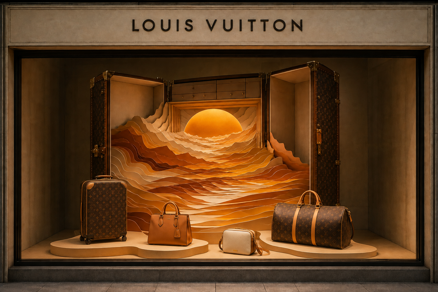 LOUIS VUITTON — Горизонт в чемодане. Независимая концепция витрины MARUK, AI-визуализация.
