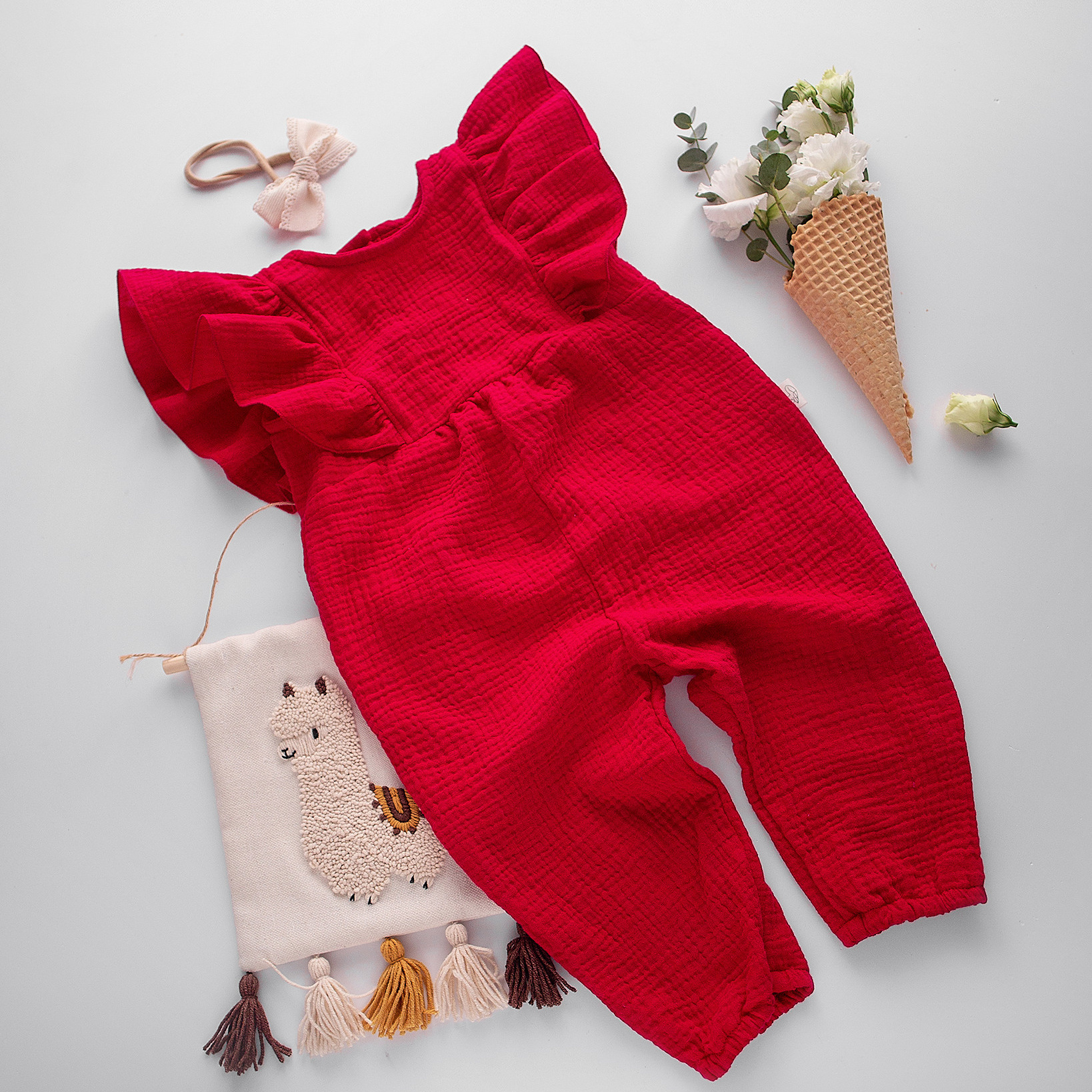 N-026 Комбинезон с воланами красный 3 года. Эко-одежда для детей