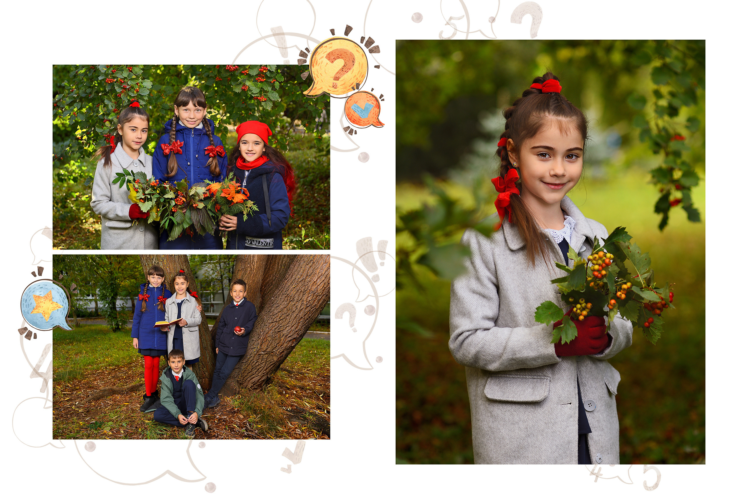 Разворот выпускного альбома для 4 класса начальной школы с фотографиями школьников на прогулке.