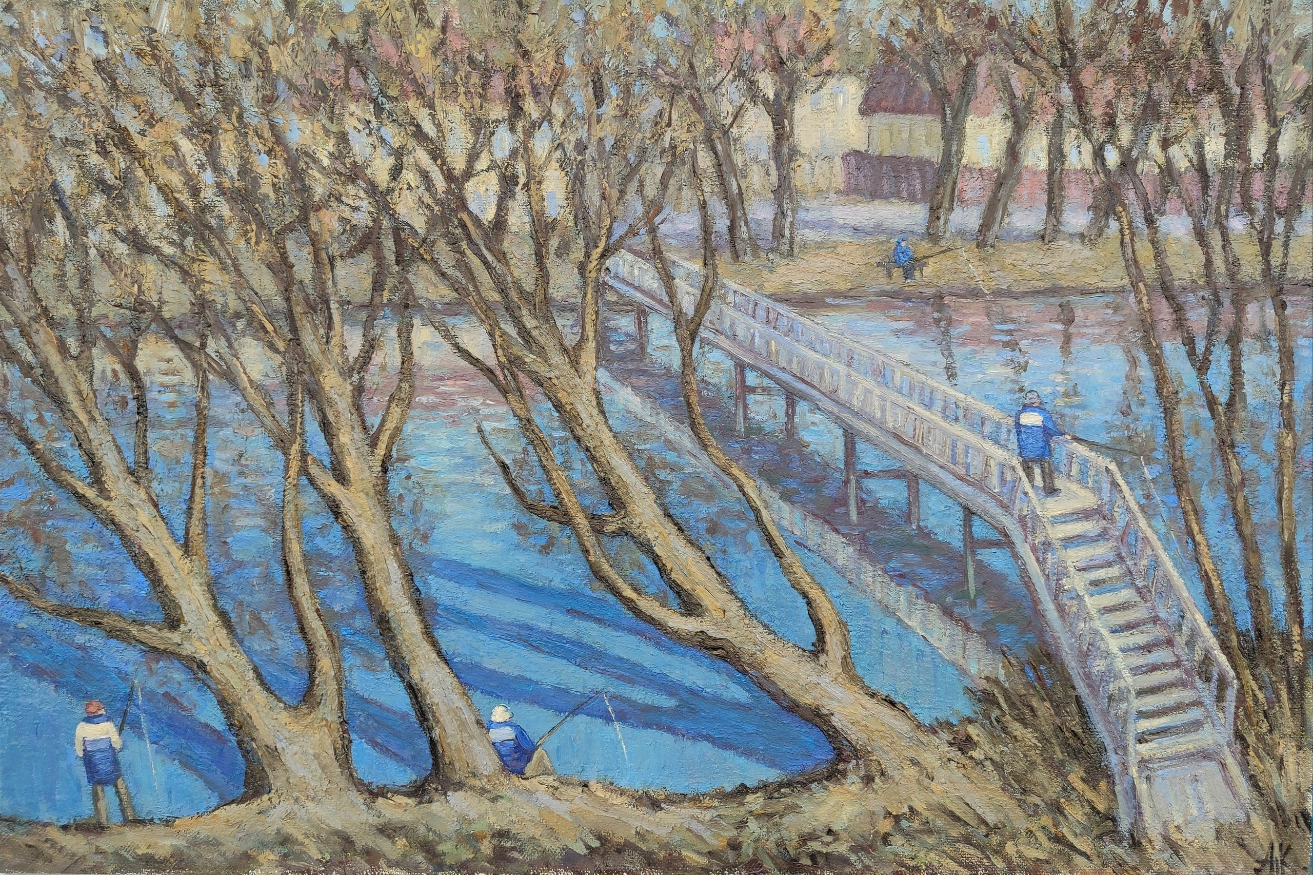 Картина маслом на холсте - Рыбаки на берегу реки Трубеж весной ловят рыбу