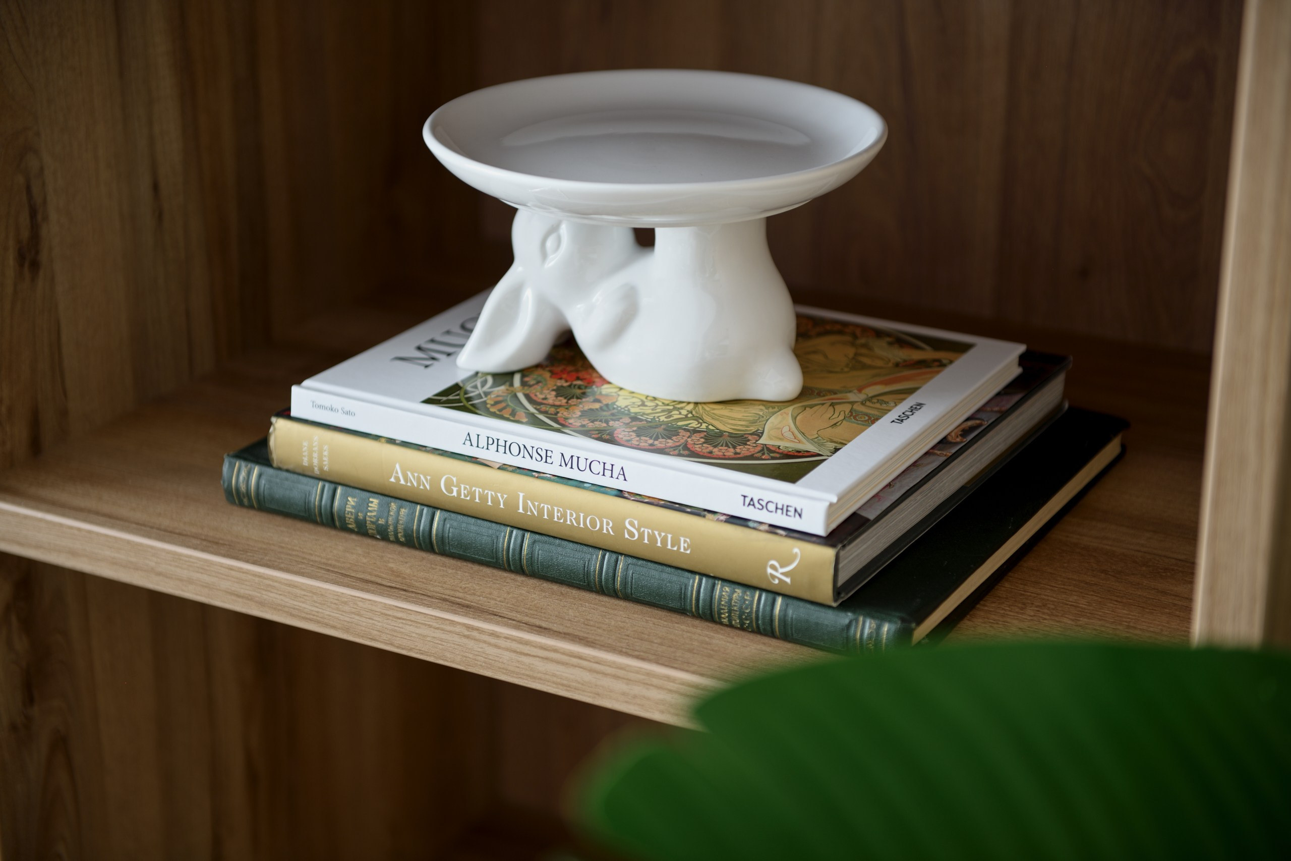 Гостиная: деревянные панели и декор на полках