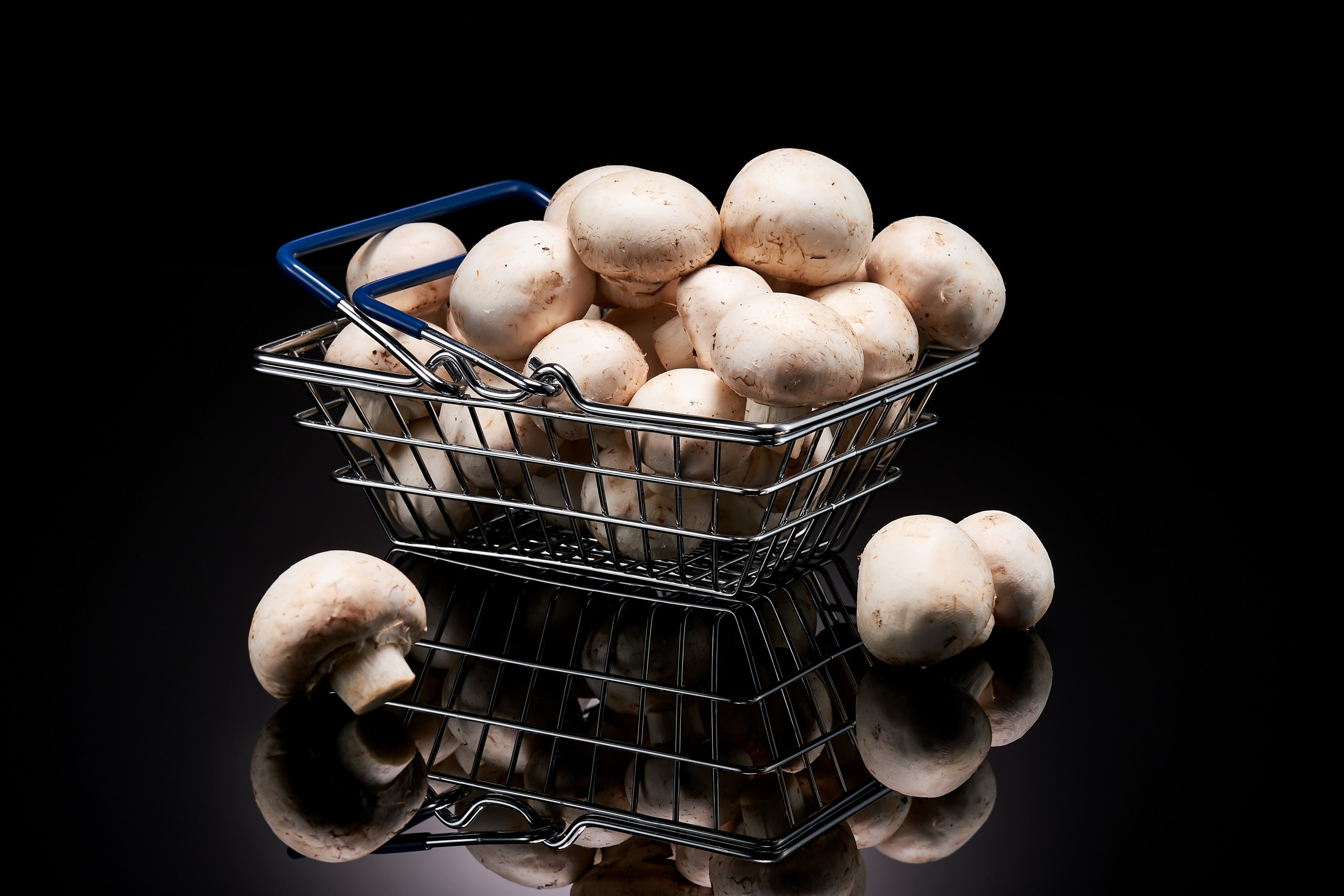 Шампиньоны в металлической корзине на чёрном фоне с отражением, серия CONTAINMENT, авторская арт-фотография