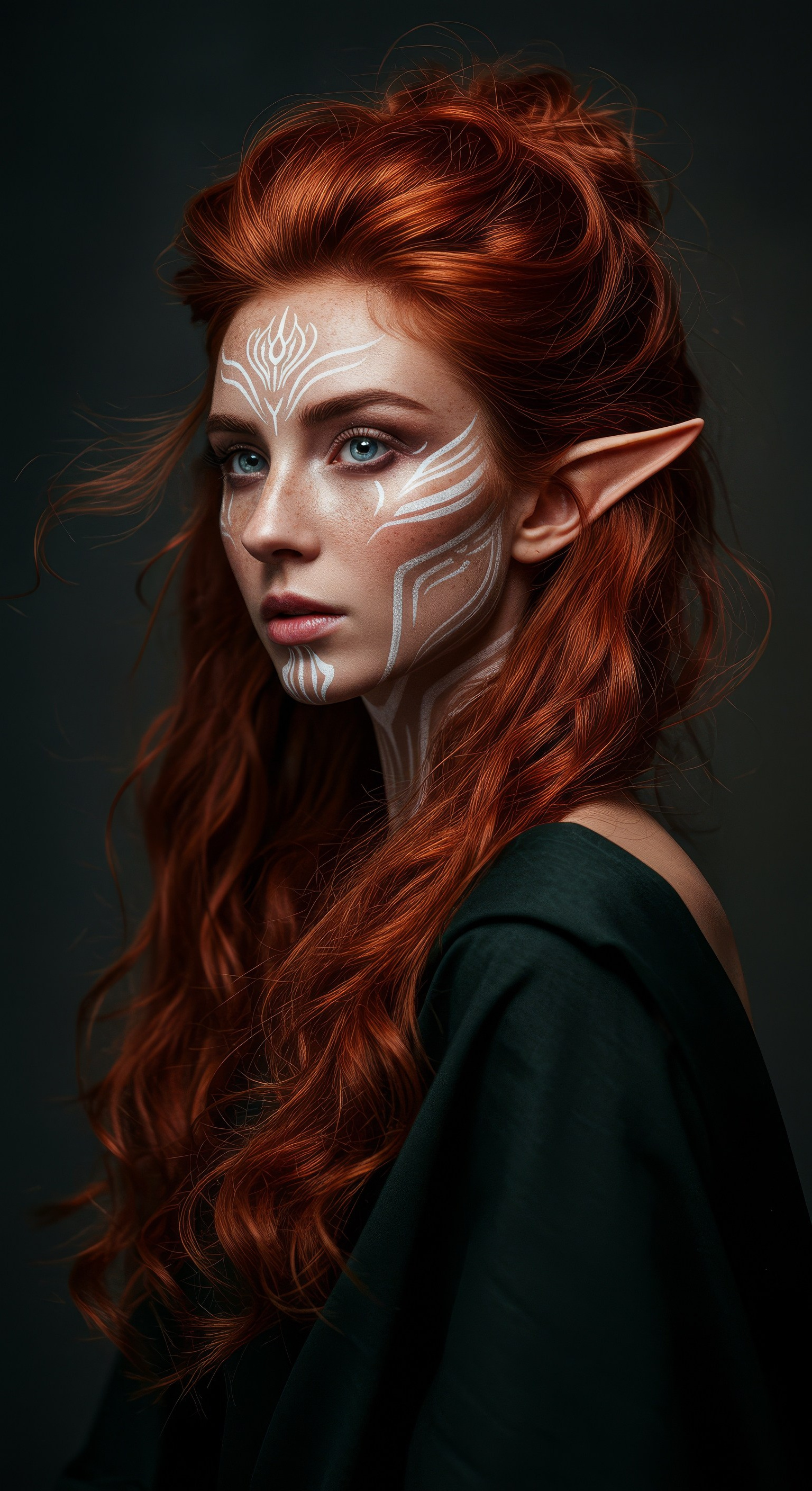 Стильный косплей эльфийки с рыжими волосами, вертикальный портрет на тёмном студийном фоне