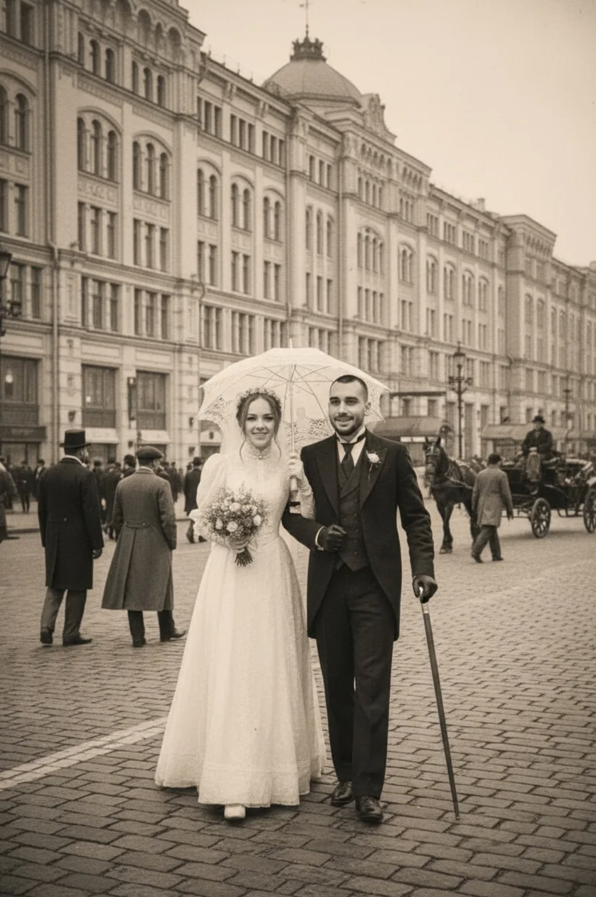 Пара гуляет по старой Москве в свадебных нарядах. Изготовление ИИ фотографий с помощью нейросетей. Подробнее можно узнать на этой странице. Подробнее на https://foto-video-svadba.ru/