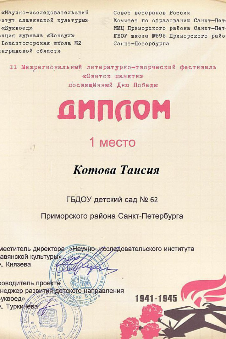 Награды. Актриса Таисия Котова