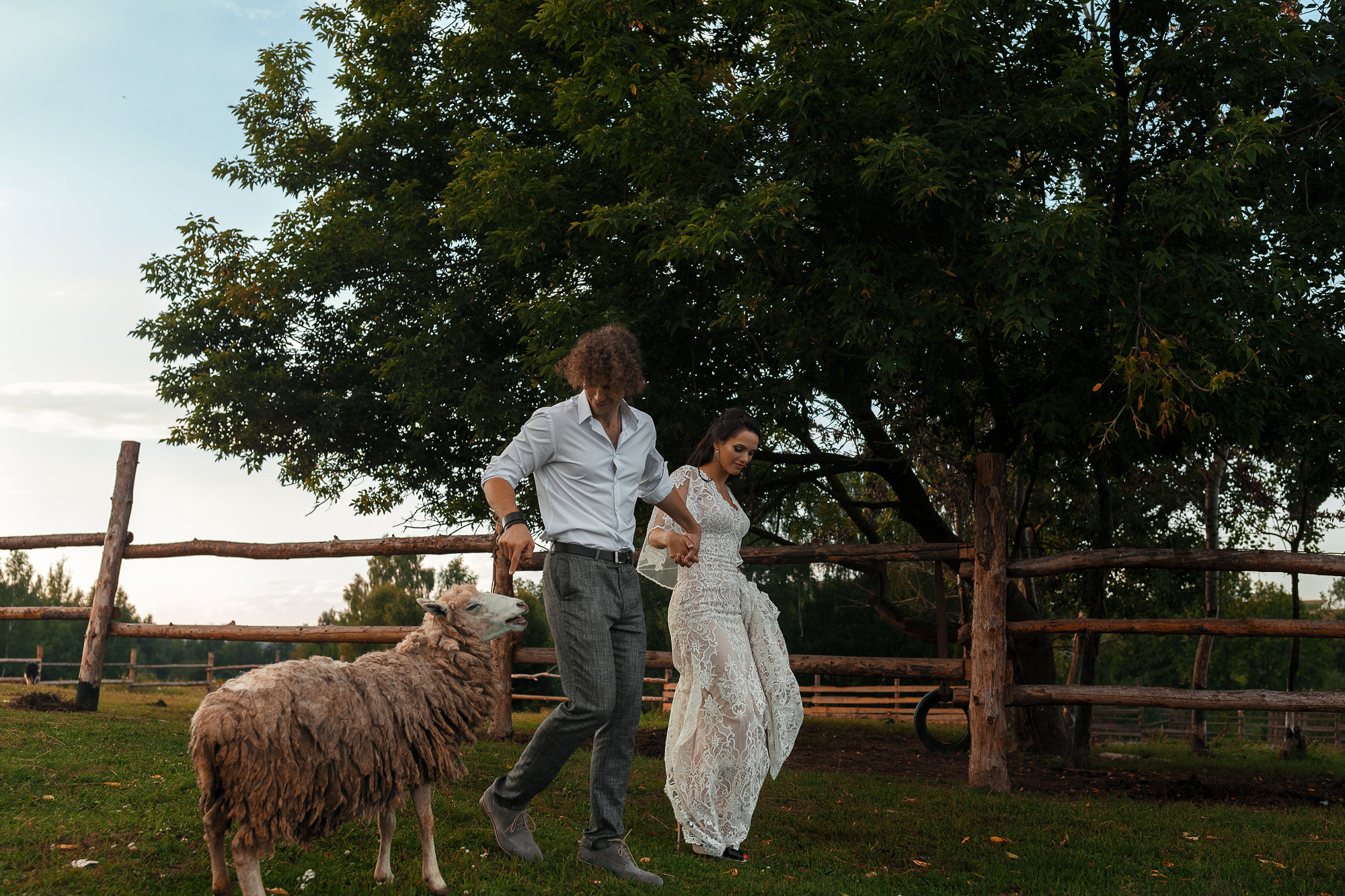 Фотосессия прекрасной пары на ферме среди лошадей