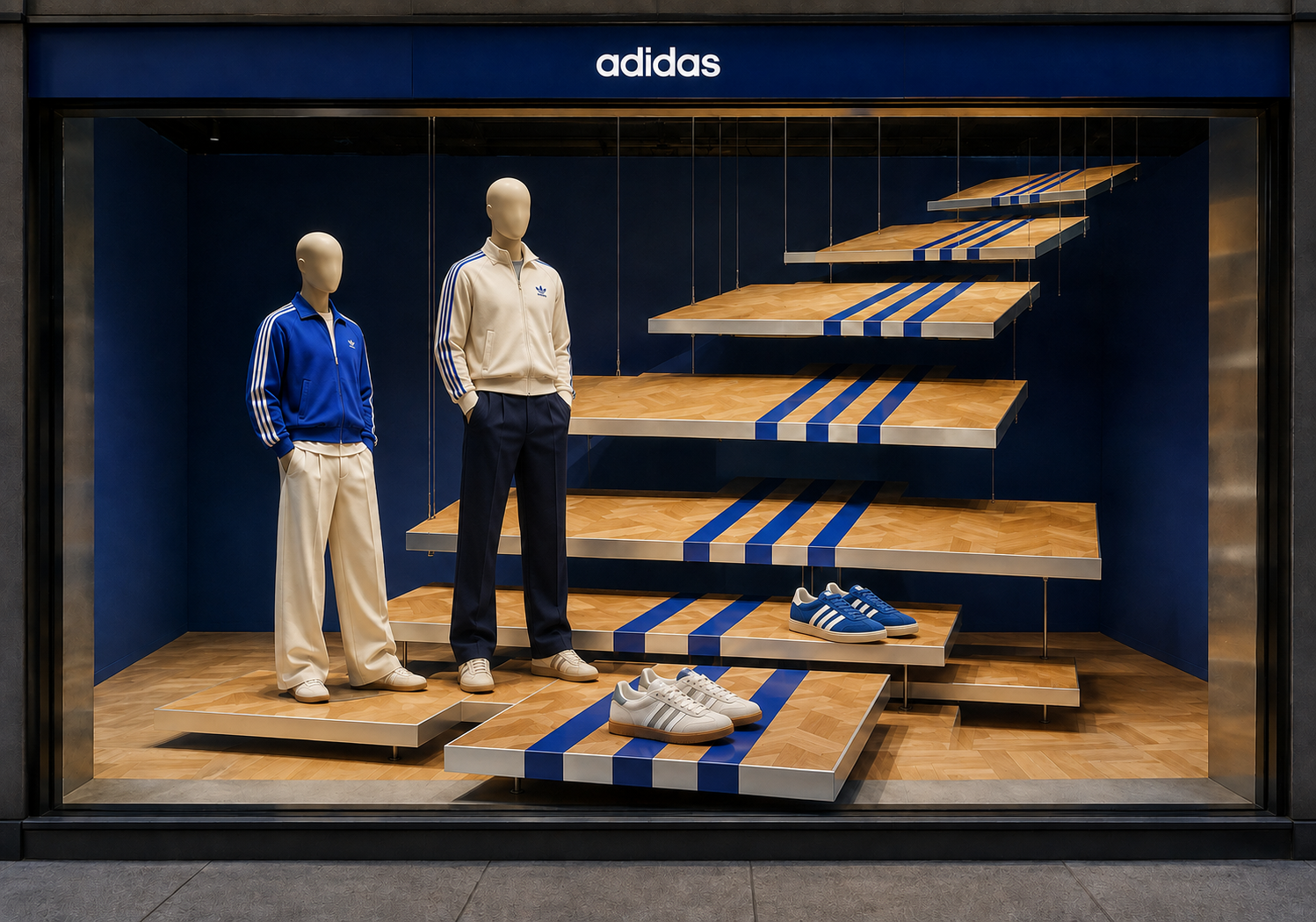 ADIDAS — Корт в невесомости. Независимая концепция витрины MARUK, AI-визуализация.