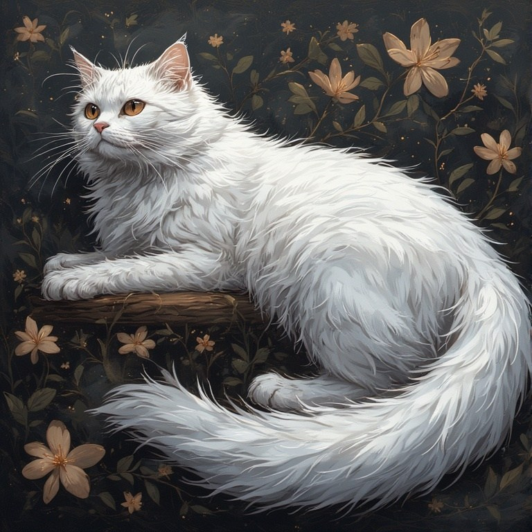 Creative illustration of a white fluffy cat – detailed fur rendering on a dark floral background.