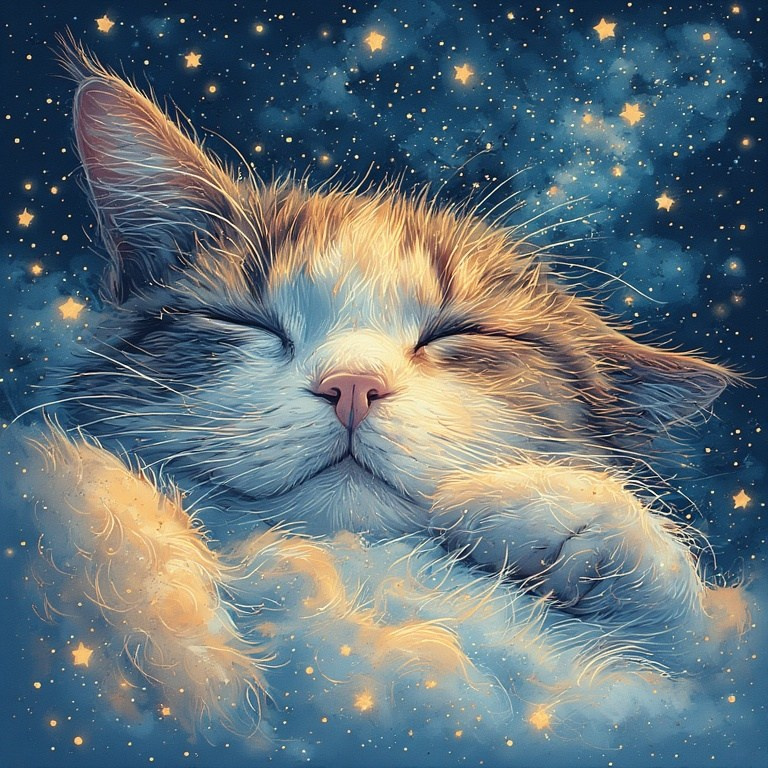 Sleeping cat in the starry sky – gentle creative illustration with shining stars as the cat dreams.