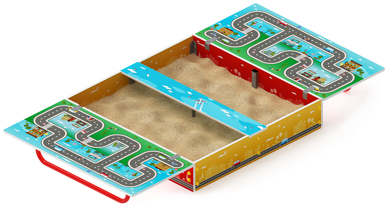 Песочница с крышкой средняя (Игра) - ИО 5.01.11-02 Габариты (ШхДхВ): в закрытом виде 1200х1240х443 в открытом виде 2380х1200х220 Зона безопасности, мм: 3380х2200