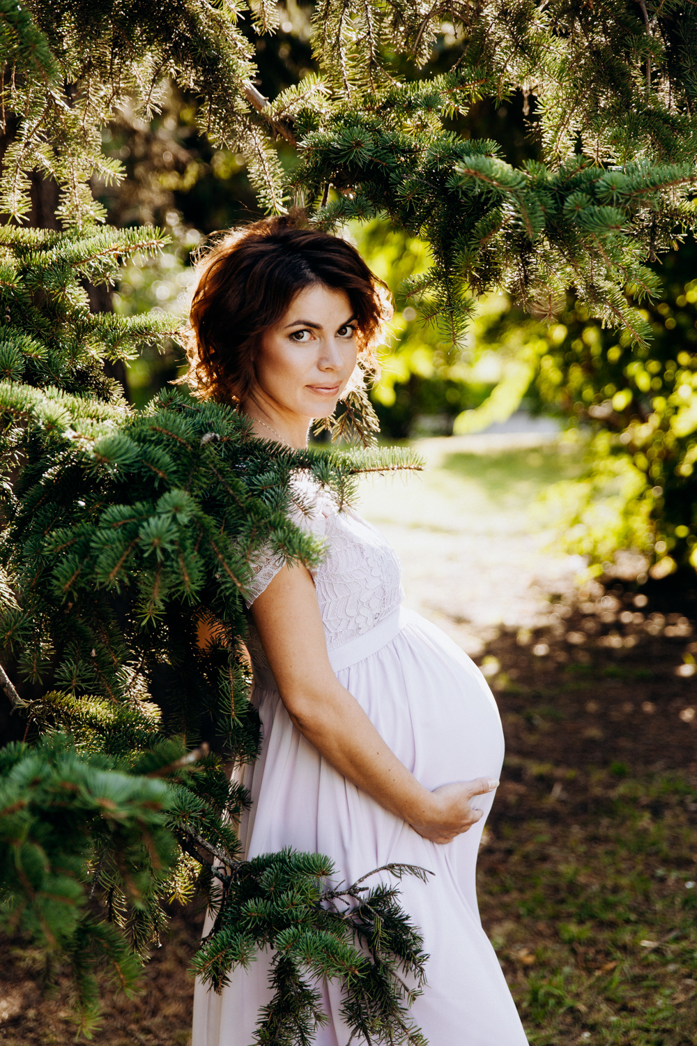 Беременная девушка стоит под елкой на фоне закатного света