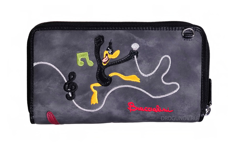 Серый кошелёк с рисунками на белом фоне.