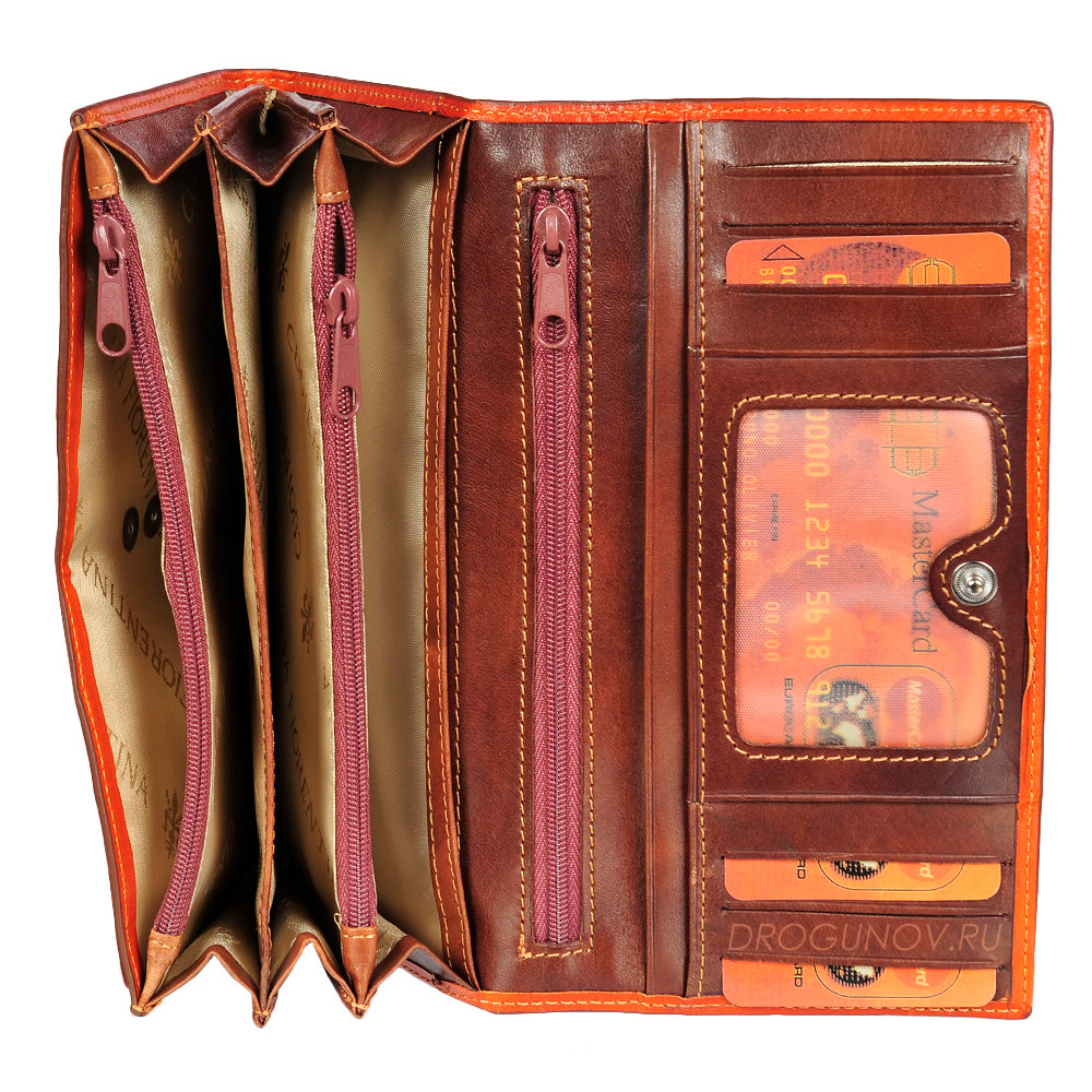 Кошелёк коричневого цвета в раскрытом виде на белом фоне.
