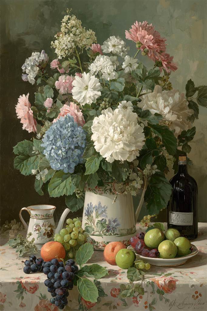 "Цветочный букет с чайником"  Холст, масло. 90 х 65 см. 250 000 ₽.