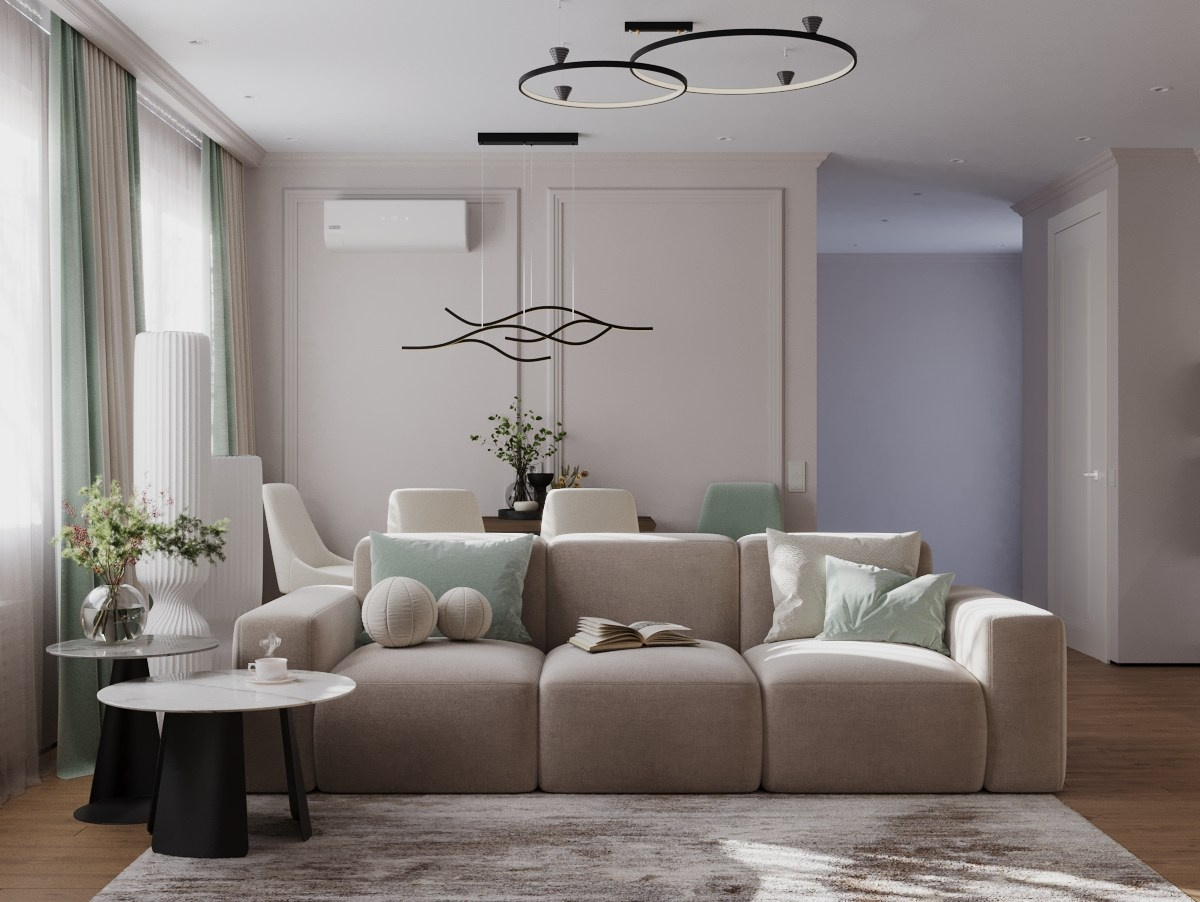 Профессиональный 3D визуализация гостиной в современном стиле, с вниманием к отделке и атмосфере, выполненная быстро и с высоким уровнем реализма