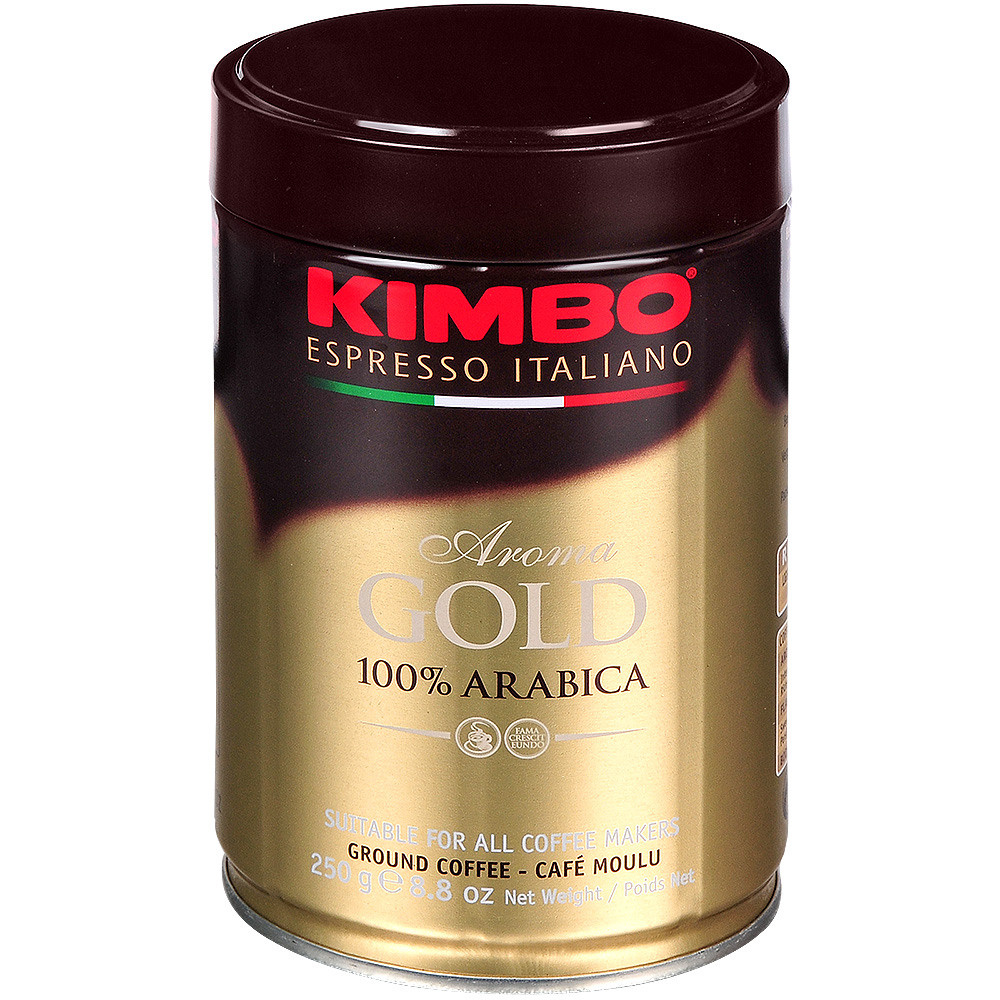 Золотисто-коричневая банка кофе на белом фоне.