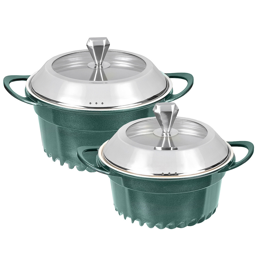 две кастрюли зелёного цвета с металлической крышкой