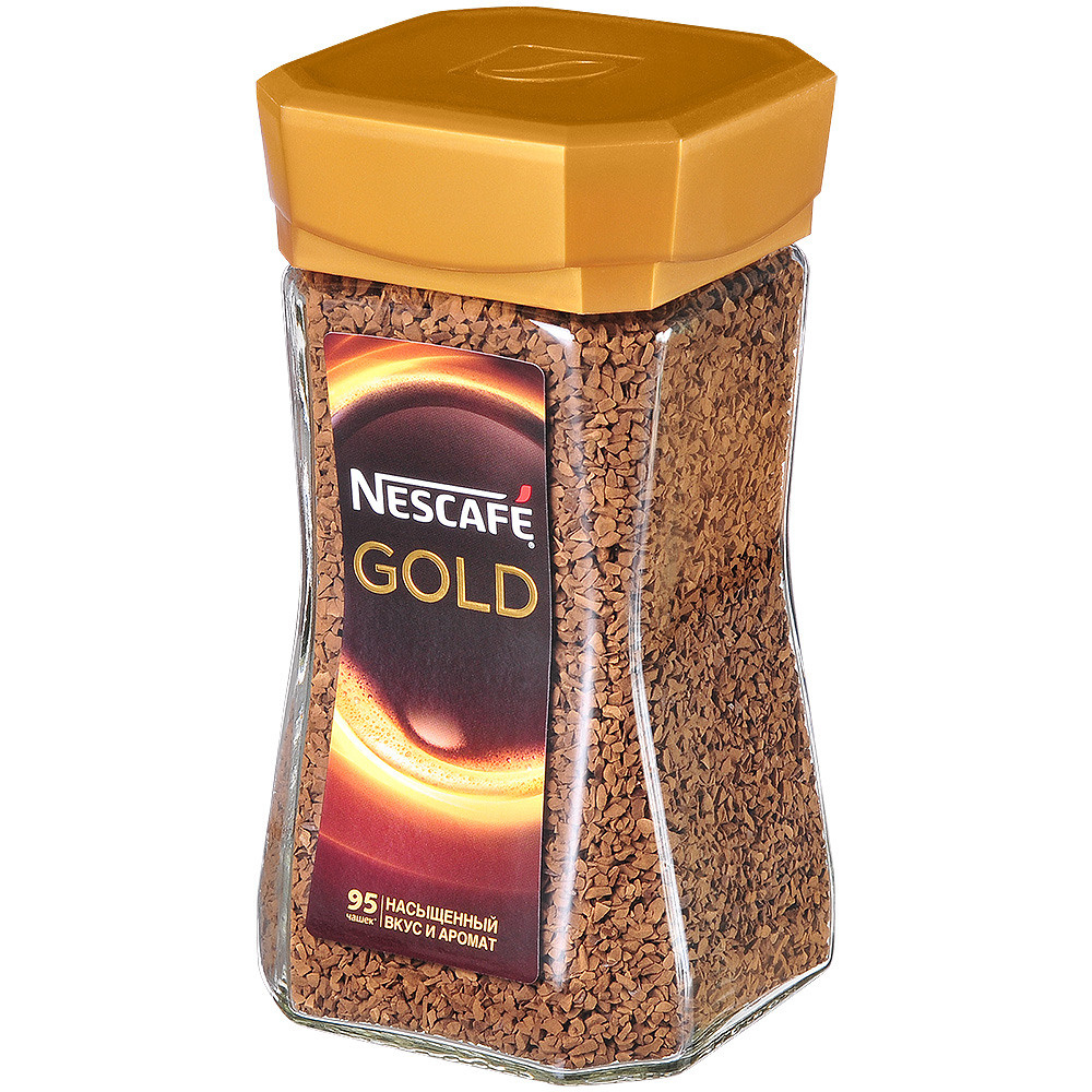 Быстрорастворимым кофе в стеклянной банке с коричневой крышкой.