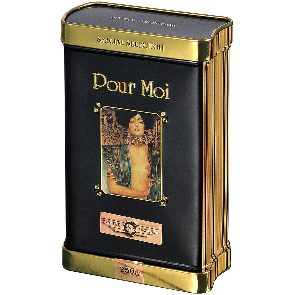 Чёрная жестяная банка с кофе на белом фоне.