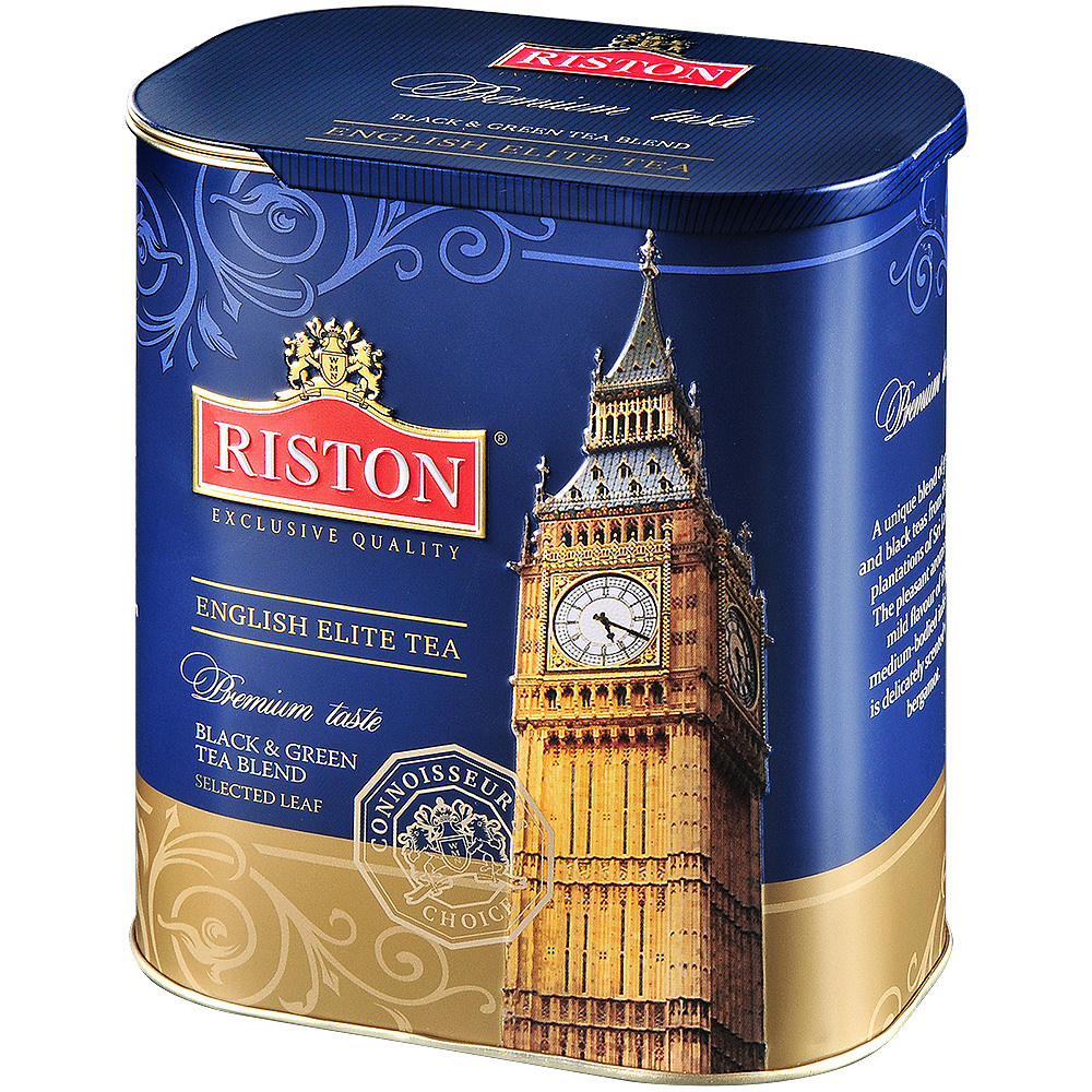 Синяя банка чая листового на белом фоне.