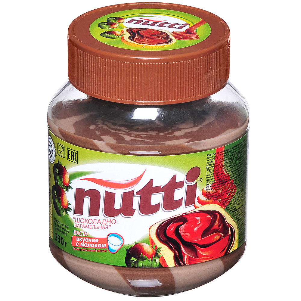 Шоколадная паста в прозрачной банке.