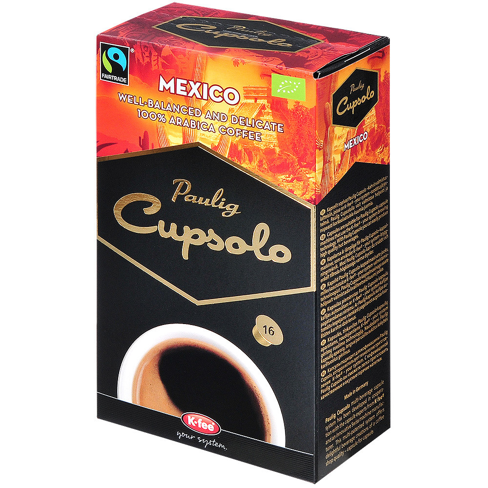 Чёрная картонная коробка с кофе на белом фоне.