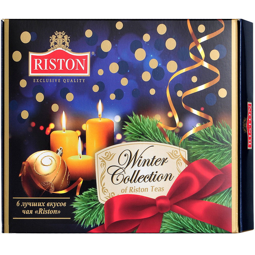 Синяя подарочная упаковка чая на белом фоне.