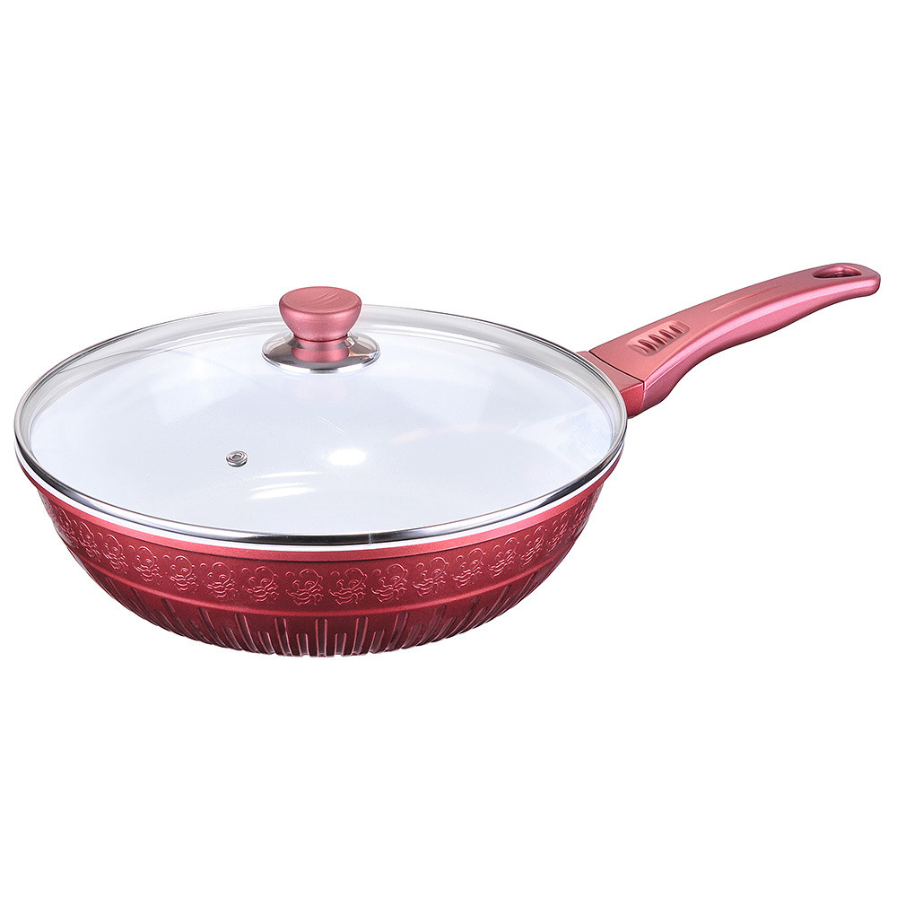 сковорода красного цвета с прозрачной крышкой на белом фоне