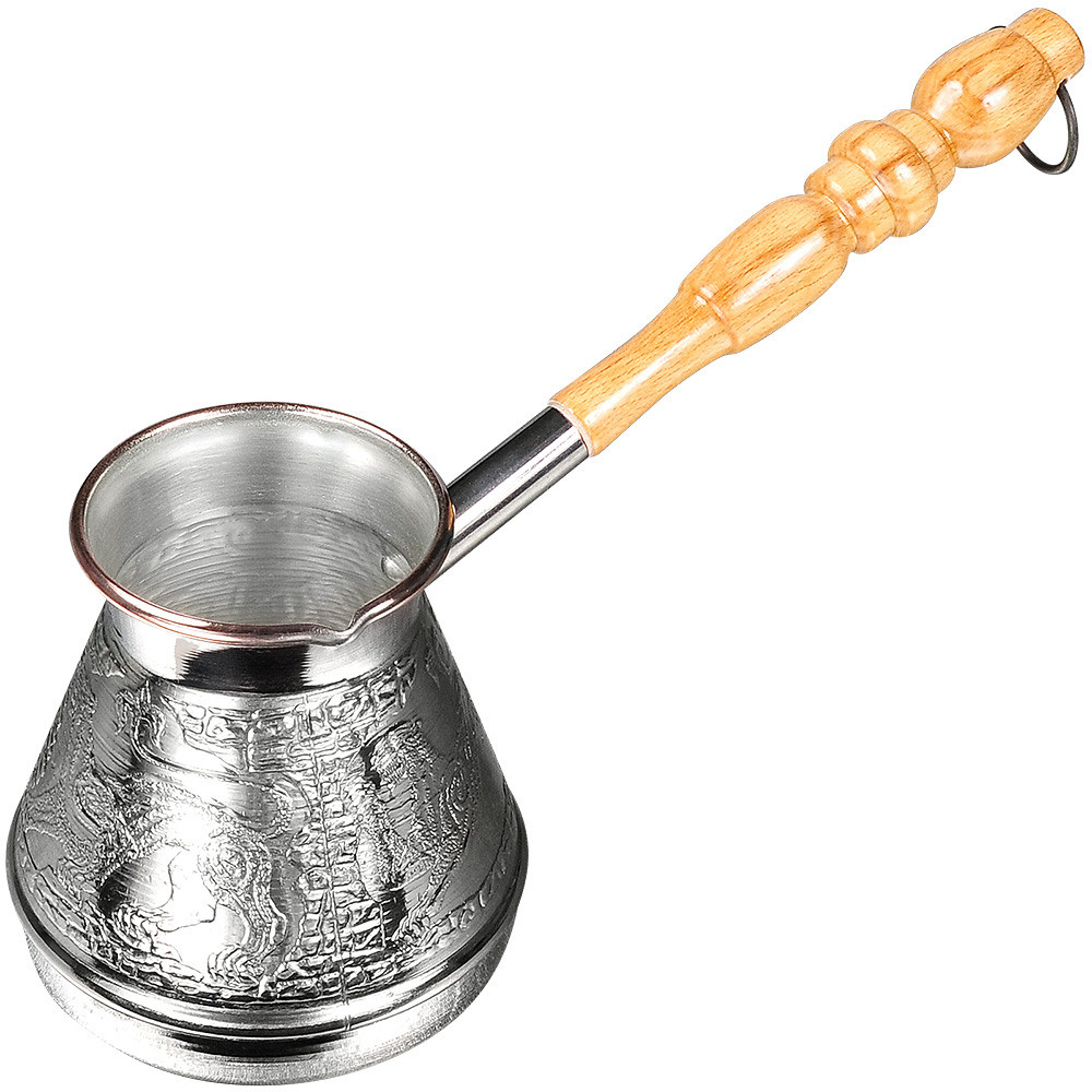 серебристая джезва на белом фоне