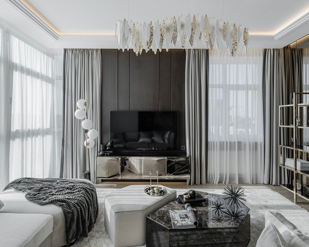 Гостиная в стиле modern luxury с зеркальными элементами — проект Валерии Котович