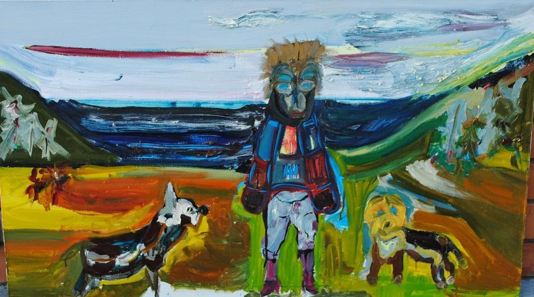 Diatyan Artem Абориген и собаки 70х120 см холст  масло воск пигменты эмаль 