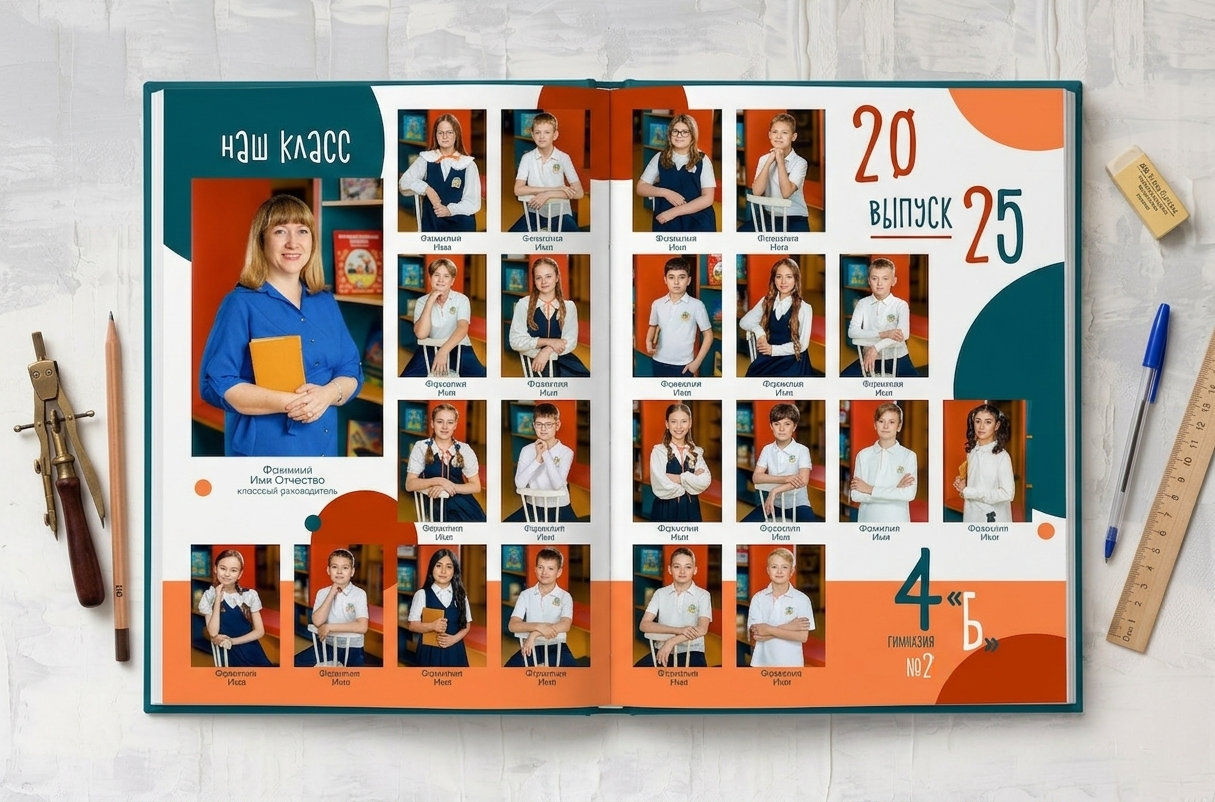 Развороты выпускного альбома 4 класса с портретами и виньеткой