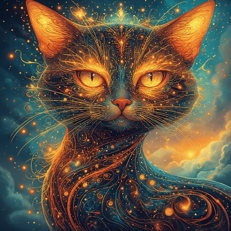 Fantasy illustration of a black cosmic cat – glowing patterns and starry sky, mystical artwork.
