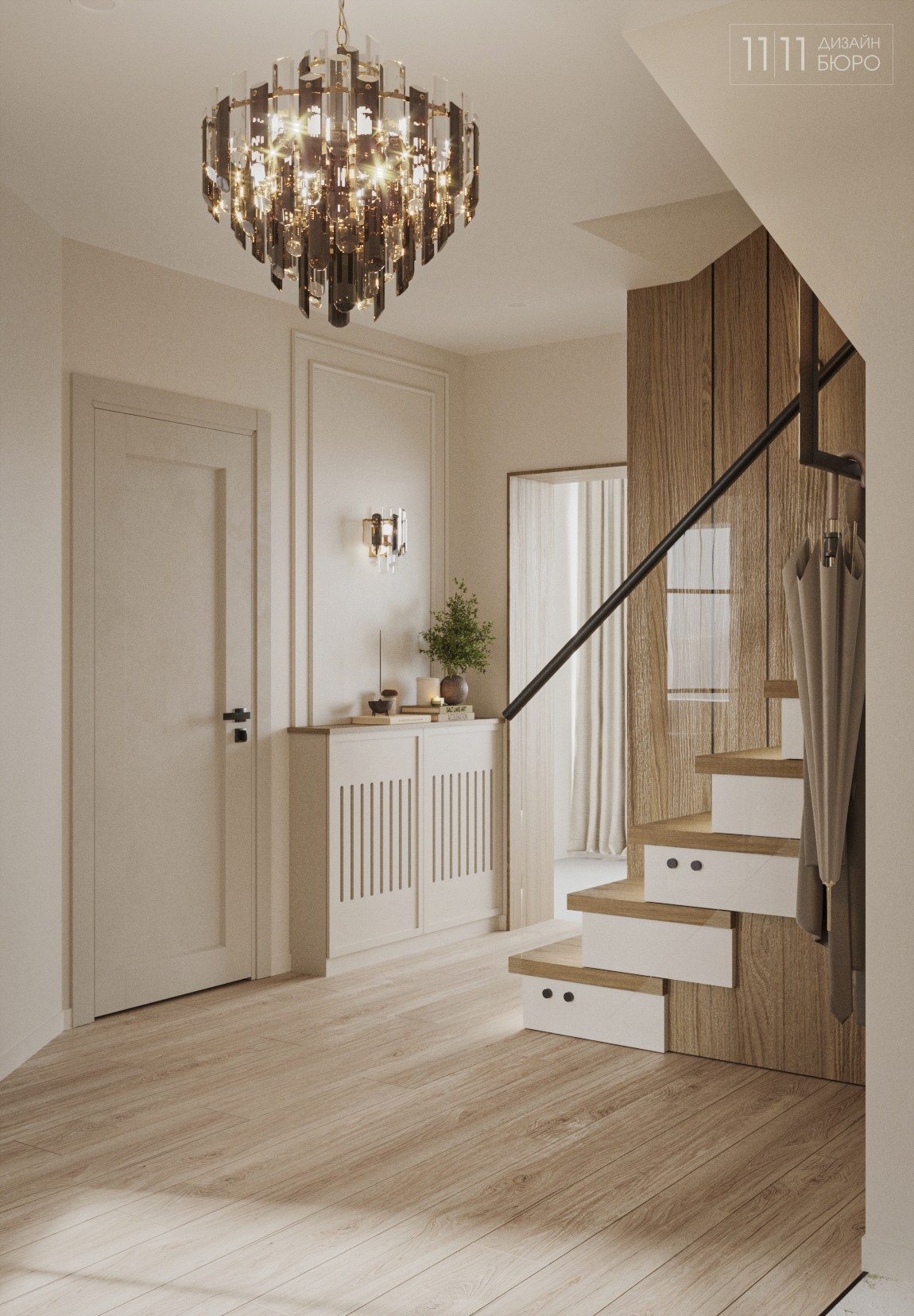 Интерьер холла в частном доме в теплых оттенках