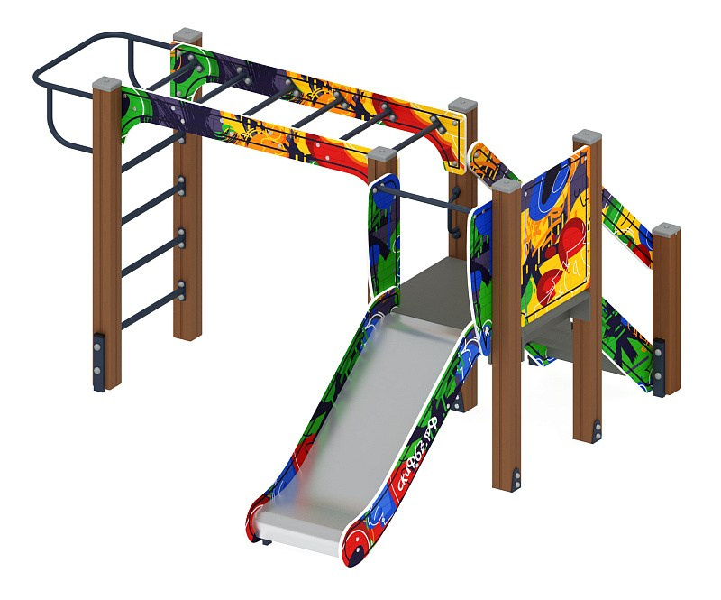 Карапуз (Граффити) - ДИК 1.001.02-03 - Игровой комплекс Н=750                                                                                                          Габариты (ШхДхВ): 2670x2680x1500                                                                                                                                                                     Зона безопасности, мм: 6170х5680                                                                                                                                                                          Скат горки: H=750 (металлический скат)