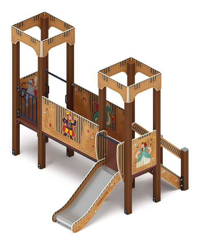 Королевство (Картонное) - ДИК 1.15.02-12 - Игровой комплекс H=750                                                                                                                 Габариты (ШхДхВ): 3100х2670х2650                                                                                                                                                                       Зона безопасности, мм: 6100х6170                                                                                                                                                                          Скат горки: H=750 (металлический скат)