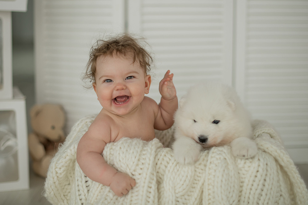 ребенок пупсик девочка мальчик newborn собачка щенок самоед дети 