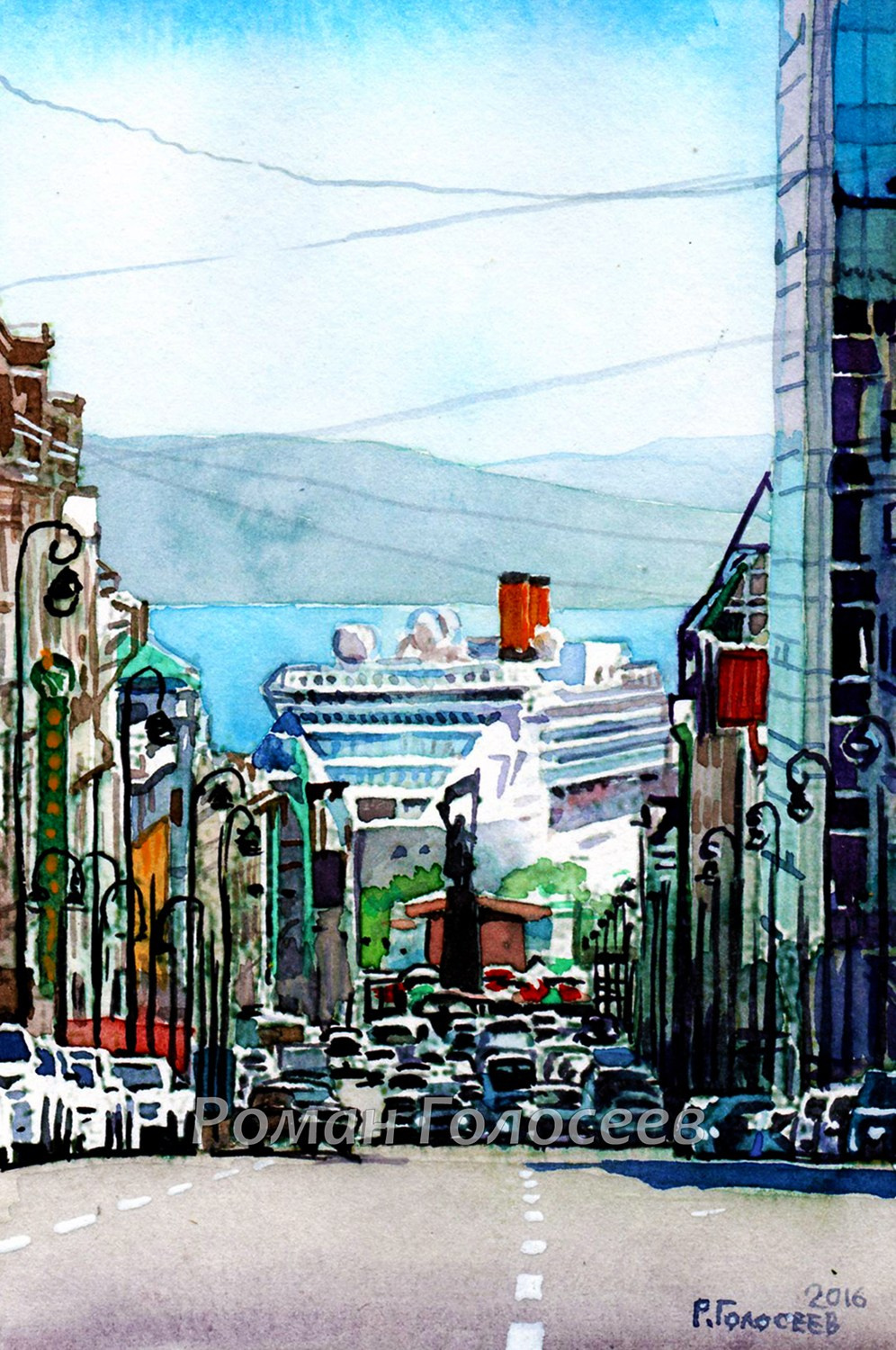 "Вид с Океанского проспекта на Золотой рог", 10х15, бумага, акварель, 09.06.2016