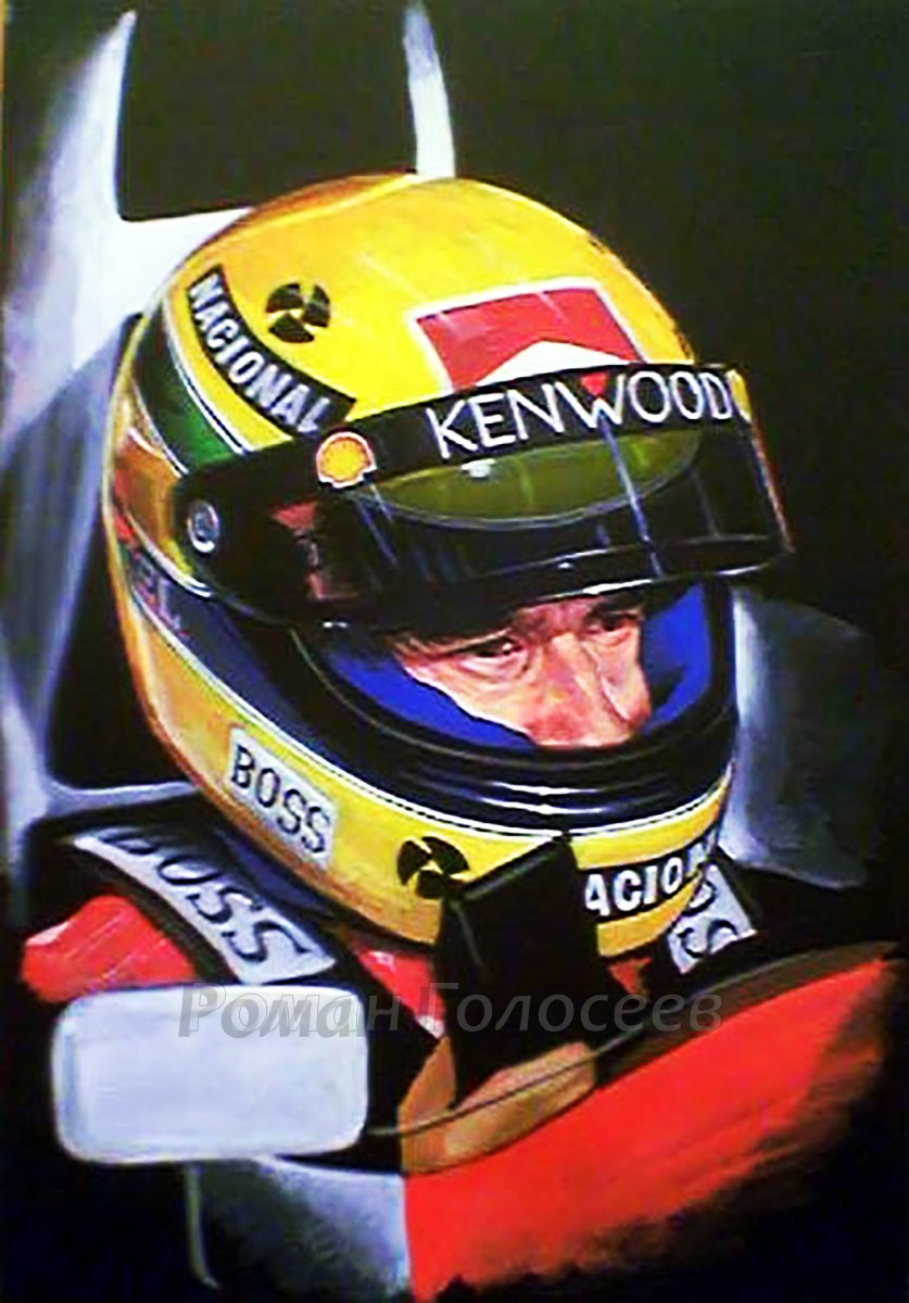 "Айртон Сенна", 35х25, гуашь, черный бумага, 2004