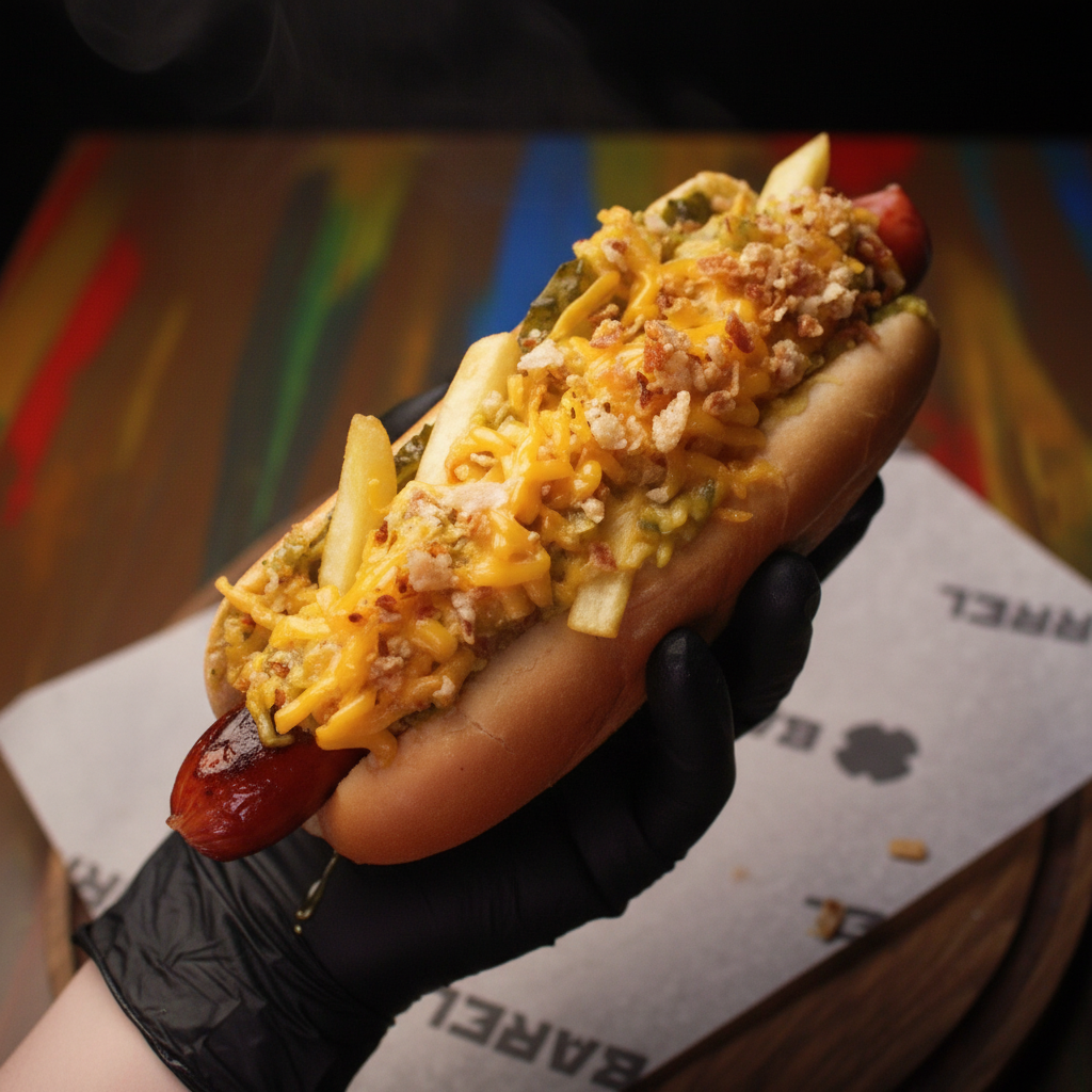 аппетитный хот-дог посыпанный обильным количеством сыра