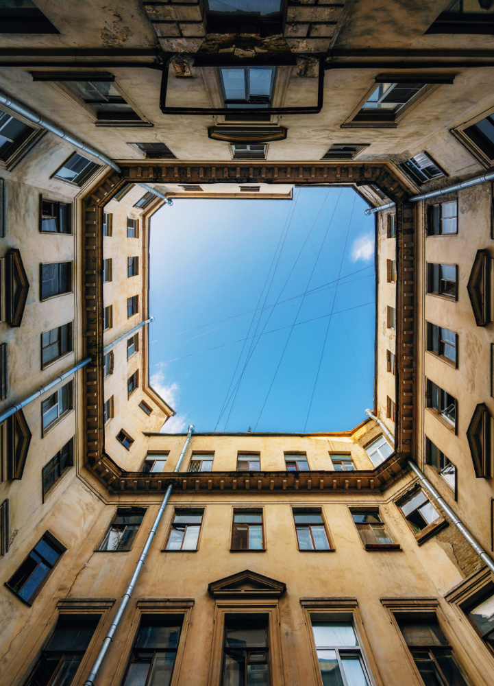 The Bottom up view of the old yard well in St. Petersburg, Russia.