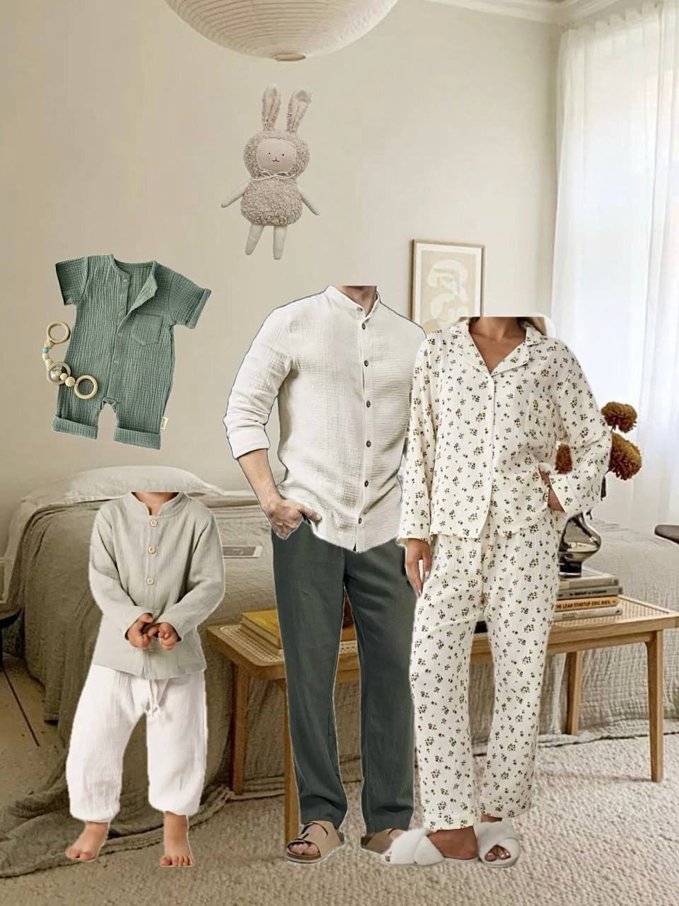 Подборка образов для домашней семейной фотосессии: Образы для папы - льняные брюки https://www.wildberries.ru/catalog/236309573/detail.aspx?targetUrl=MS&size=372194628 Рубашка https://www.wildberries.ru/catalog/179379236/detail.aspx?targetUrl=MS&size=296702751 Футболка https://www.wildberries.ru/catalog/165757816/detail.aspx?targetUrl=GP&size=275970842  Для мамы: https://www.wildberries.ru/catalog/234104185/detail.aspx?targetUrl=GP&size=368966700 Для мальчика https://www.wildberries.ru/catalog/241218603/detail.aspx?targetUrl=GP&size=379370372 Для малыша https://www.wildberries.ru/catalog/138544714/detail.aspx?targetUrl=GP&size=235466560 